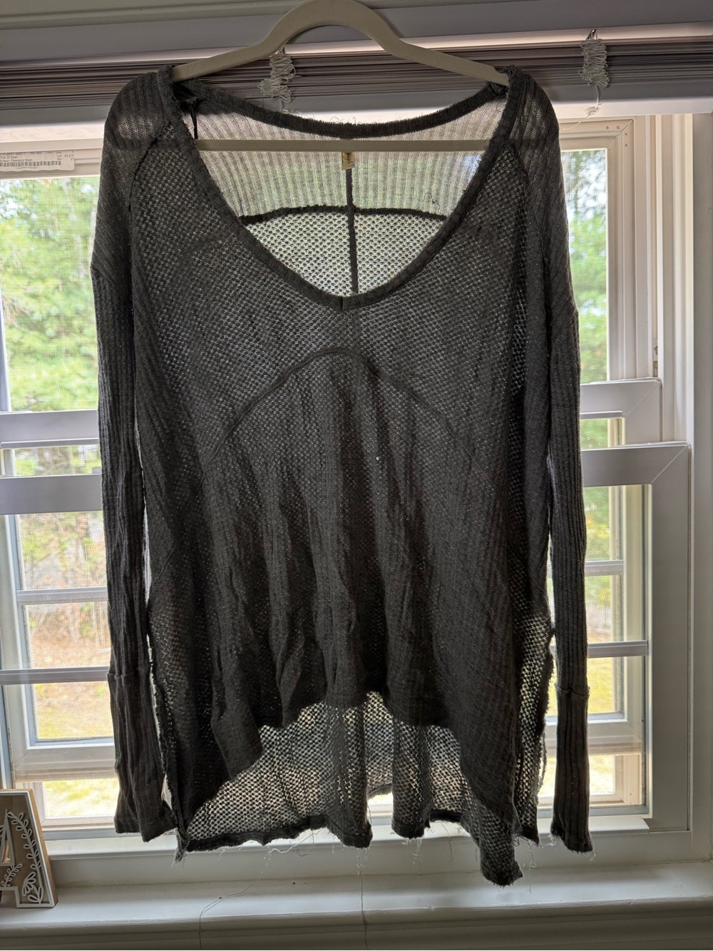 Free People Grey Sheer Knit Scoop-Neck Sweater